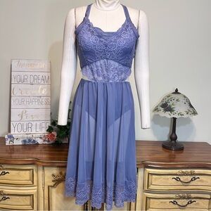 Weissman Elite Jealous Blue Purple Floral Lace Mesh Halter Dance Costume Dress